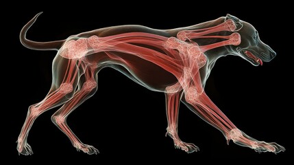 Obraz premium Anatomical illustration of a dog showcasing skeletal and muscular structure with highlighted ligaments and tendons on a black background