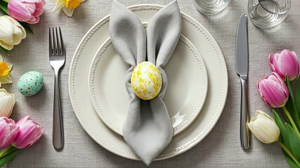 Elegant easter table setting with colorful tulips and decorated eggs for a festive gathering