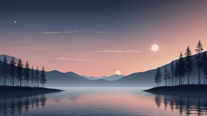 Naklejka premium Serene minimalist landscape with lake, mountains, and trees at sunset or sunrise