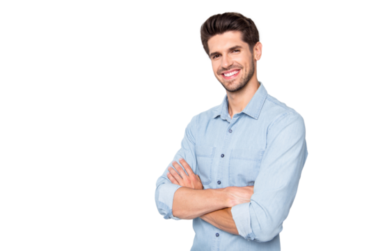 Turned photo of positive cheerful man feel content want be true leader in his enterprise wear denim jeans clothes isolated over grey color background