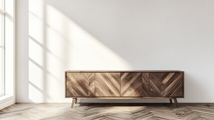 Wooden entertainment center in a bright room.