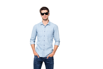 Real business man. Portrait of gorgeous imposing man in specs look feel like true leader want attract girls wear denim jeans clothes isolated over grey color background