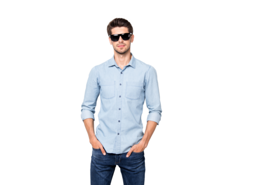 Real business man. Portrait of gorgeous imposing man in specs look feel like true leader want attract girls wear denim jeans clothes isolated over grey color background