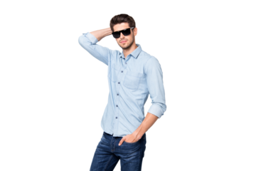 Portrait of gorgeous magnificent man in eyeglasses posing want attract girl in university real macho wear casual style fashionable outfit isolated over grey color background