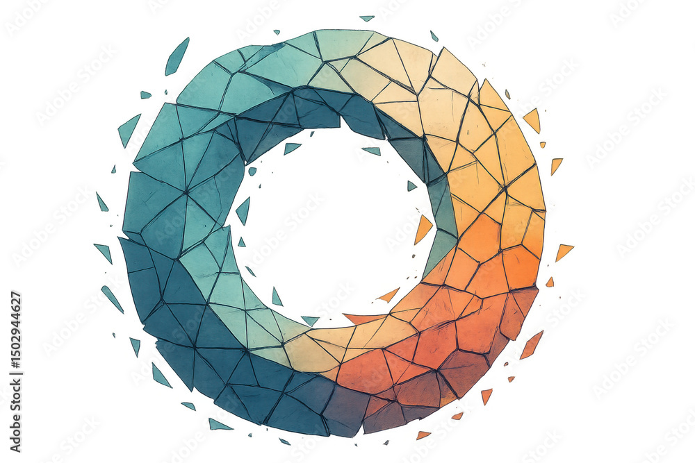Poster colorful broken torus exploding with polygons on transparent background, ideal for technology, innov
