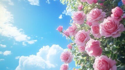 Gorgeous pink roses blooming under bright sun with clear sky perfect spring day image