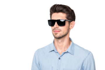 Rich magnificent macho look stare want attract girls rich wealthy entrepreneur have million dollars millionaire wear denim jeans stylish shirt isolated over grey color background