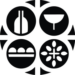 Black silhouette design depicting group of celebrations in a flat rounded icon style