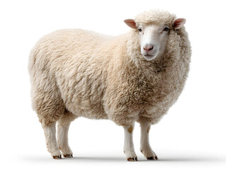 Fototapeta premium A fluffy sheep with a soft coat stands steady, displaying its calm demeanor and gentle features in a neutral setting