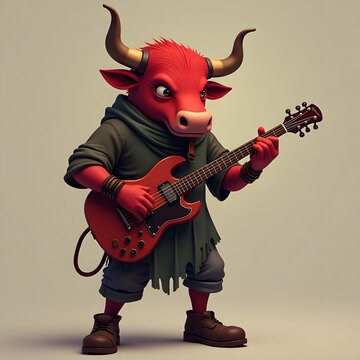 Rock and Roll Bull Playing Electric Guitar