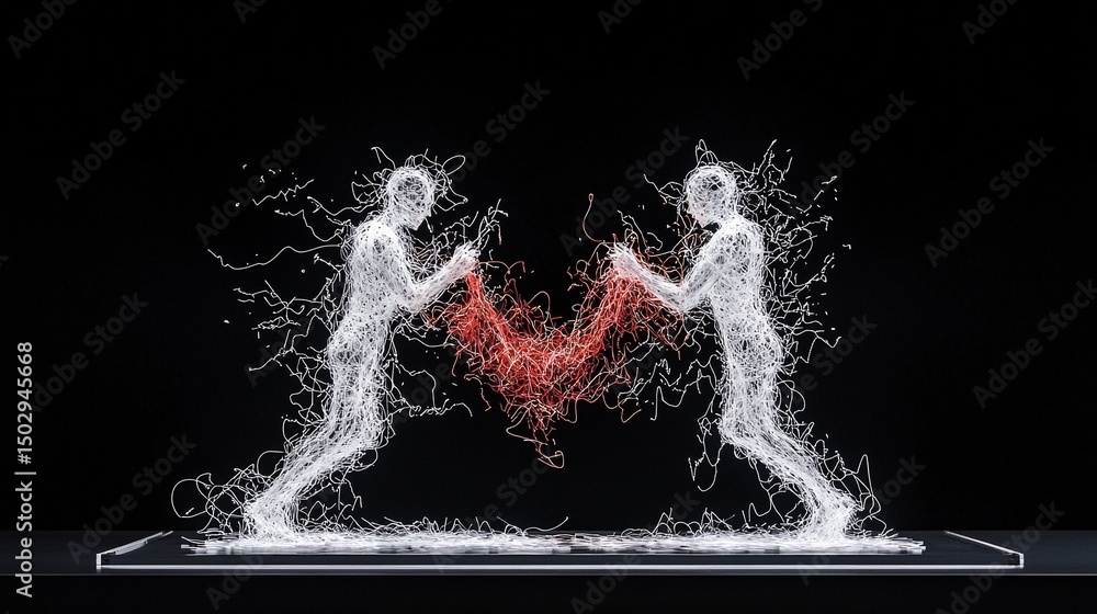 Poster two abstract figures connected by red particles on dark background