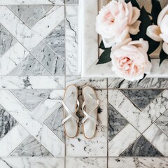 Elegant wedding preparation with sandals, roses and a marble design floor
