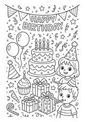 Birthday-themed coloring page with a happy child, cake, gifts, balloons, and decorations. Festive scene for kids’ party celebration.