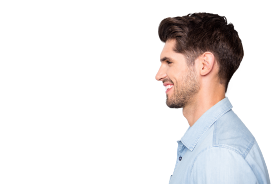 Profile side photo of charming satisfied positive man enjoy weekends have fun with his friends family wear denim jeans casual style clothes isolated over grey color background