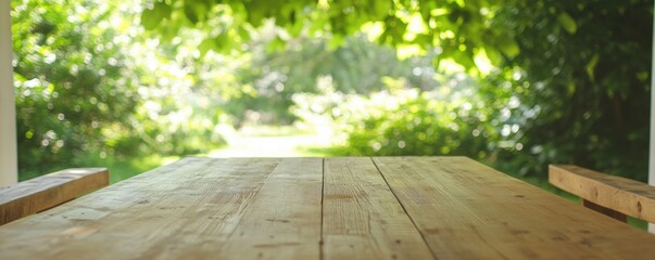 Rustic wooden table with greenery background natural light outdoor texture
