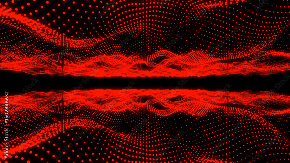 Poster abstract red dot matrix landscape with waves and reflections on a black background