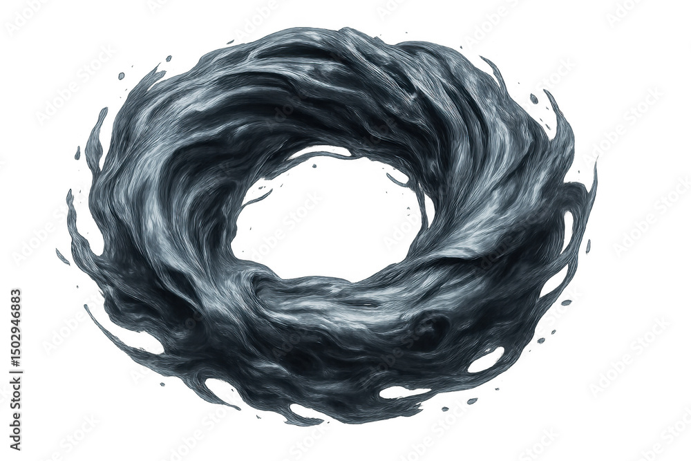 Poster metallic liquid curving into circular pattern, forming dynamic abstract ring against transparent bac