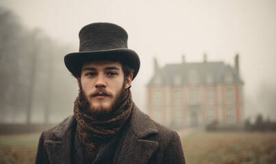 Fototapeta premium Man in top hat and coat stands in front of a blurred building on a foggy day looking at the camera
