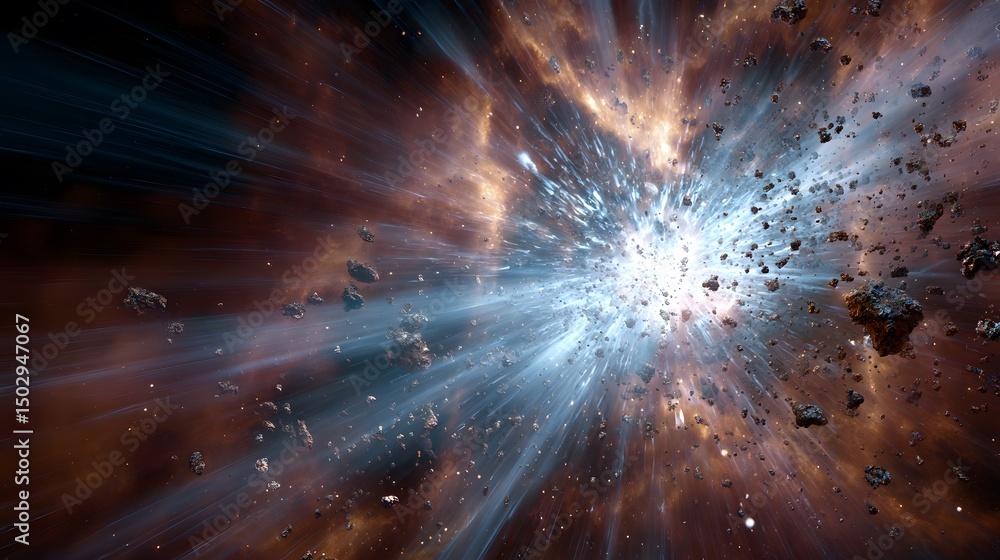 Aufkleber cosmic collision: debris and light burst forth in an artistic representation of a space event or exp