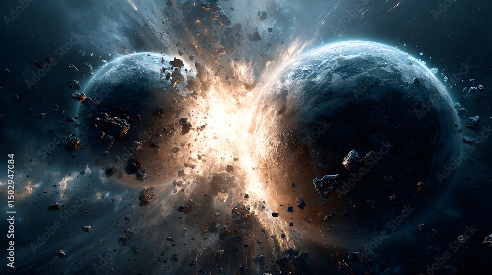 Aufkleber cosmic collision: two planets merge, creating a cataclysmic explosion of light and debris in space.