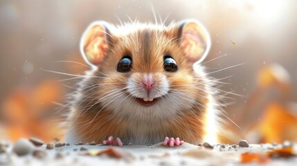 Fototapeta premium Adorable Brown Hamster: Big Eyes, Pink Nose, Long Tail with Warm Bokeh Background for Healing Pet Design