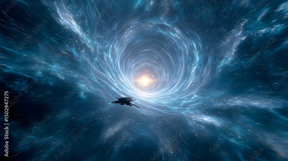 Poster futuristic spaceship navigates a swirling vortex of light and space, hinting at interstellar travel 