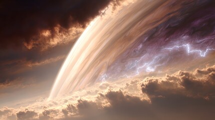 Fototapeta premium An alien gas giant looms large, with swirling clouds and electrical storms dominating the view.