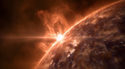 Erupting star showcasing solar flares and coronal mass ejections against a fiery, celestial backdrop.
