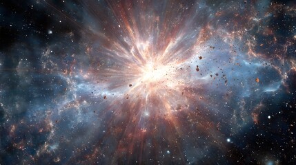 A vibrant cosmic explosion radiates light and scattered debris across the vast expanse of space.