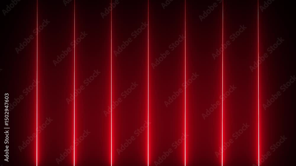 Poster glowing red neon lines moving down on black screen, smooth loop motion animation