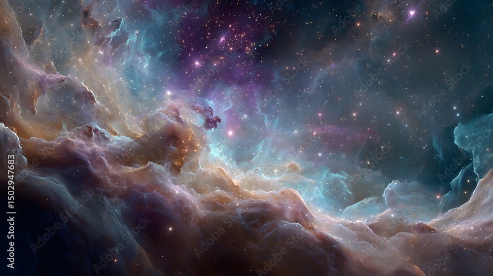 Poster cosmic clouds: a colorful and beautiful scene of stardust and nebulas across the universe with shini