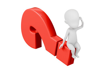 3D A Man thinking with a question mark icon. Minimal Cartoon white human sticky with red question mark isolated on white background. Looking for a solution. Decision and problem concept. 3d render.