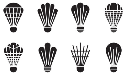 Set of black silhouette illustrations of shuttlecocks in different designs on a white background.