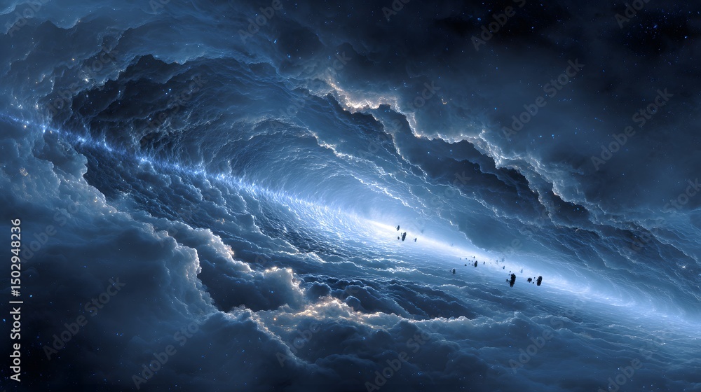 Poster ethereal swirling celestial gateway with cosmic dust, creating a dreamy and awe-inspiring visual.