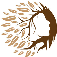 Creative tree silhouette forming a female face profile with flowing leaves in earthy brown tones. Symbol of nature, femininity, beauty, and harmony in an abstract circular design.