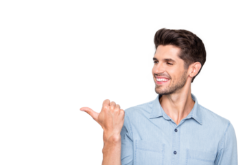 Profile side photo of positive cheerful successful promoter businessman point forefinger recommend suggest ads select adverts wear casual style isolated over grey color background