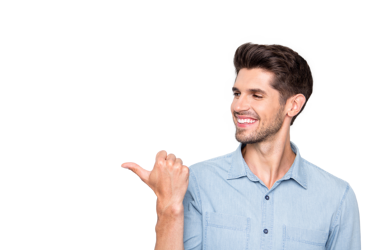 Profile side photo of positive cheerful successful promoter businessman point forefinger recommend suggest ads select adverts wear casual style isolated over grey color background
