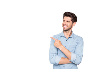 Attention sales! Portrait of positive cheerful businessman promoter guy point index finger...