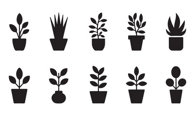 Set of black silhouette illustrations of different potted plants in various styles on a white background.