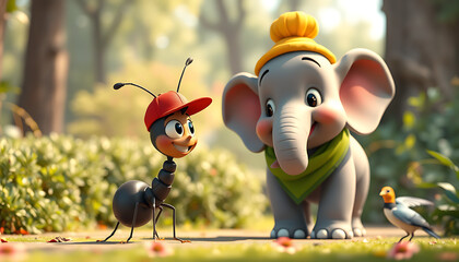 Dancing cute elephant cartoon characters, including a funny bee, a sweet bird