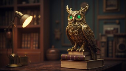 Ornate golden owl sculpture with green eyes on vintage books