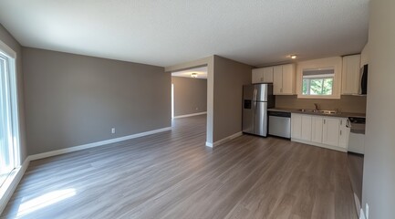 Open-plan, modern apartment interior with neutral tones