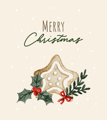 Merry Christmas card with gingerbread cookie and holly watercolor illustration. Vector illustration