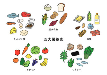 五大栄養素の食品 手描きイラストセット