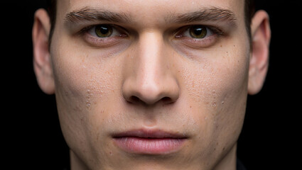 Obraz premium Close-up portrait of a young man's face with detailed skin, intense gaze, and neutral expression against a dark background