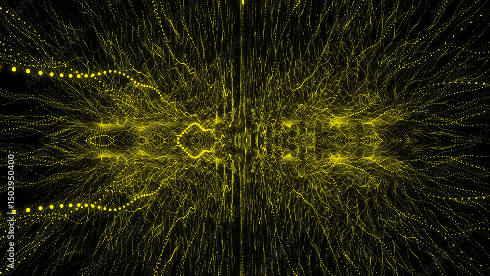 Poster abstract yellow particle stream symmetry on black background for technology and science