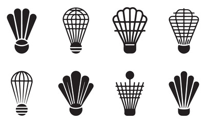  Set of black silhouette illustrations of badminton shuttlecocks in various designs, representing the sport and its equipment.