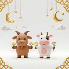 Naklejka premium Islamic Holiday Concept with 3D Goat, Cow, and Decorative Elements