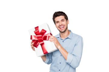 Portrait of cheerful candid lover man hold big wish gift box on valentine day holidays prepare for date with girlfriend wear stylish clothes isolated over grey color background