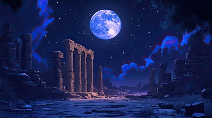 Ethereal blue moon illuminates ancient ruins under a starry night sky in a digital painting with